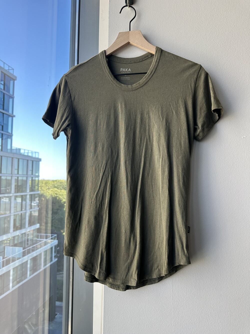 PAKA Women's Olive Green Organic Pima Royal Alpaca Cotton T-Shirt Rounded Sz M